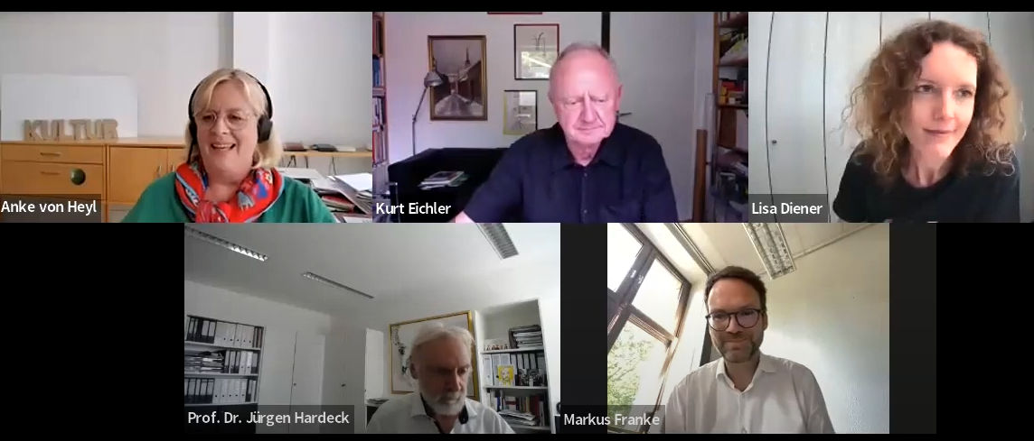 Screenshot von einem Webtalk mit fünf Personen: von links nach rechts: Anke von Heyl, Kurt Eichler, Lisa Diener, Prof. Dr. Jürgen Hardeck Markus Franke